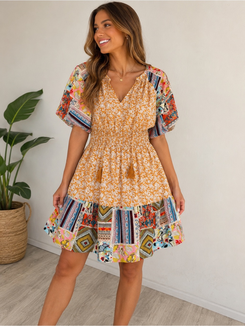 NWOT Gigio USA Boho Patchwork Floral Mini Dress Size Large 100% Cotton